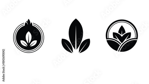 Minimalist black and white leaf and plant logos, ideal for eco-friendly, natural, or organic brand identity designs.