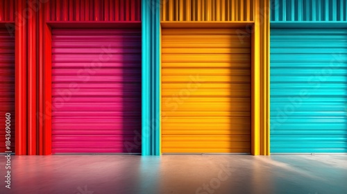 A striking arrangement of colorfully painted storage doors in pink, orange, and turquoise, creating a vibrant, energetic atmosphere perfect for creative spaces or warehouses.
