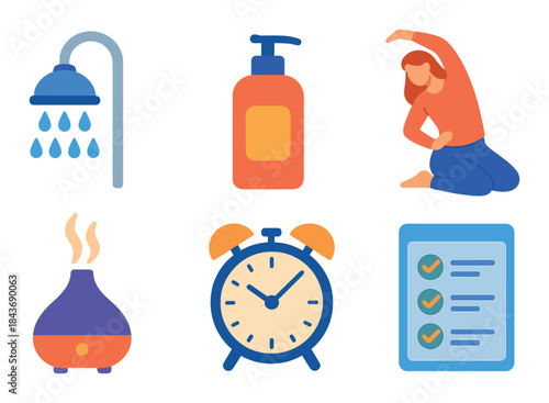 Morning routine essentials: shower, yoga, alarm, diffuser, to-do list