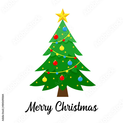 Decorated christmas tree with ornaments and star on white background, perfect for christmas cards, christmas illustrations, christmas greetings, holiday designs, festive posters, and seasonal card.