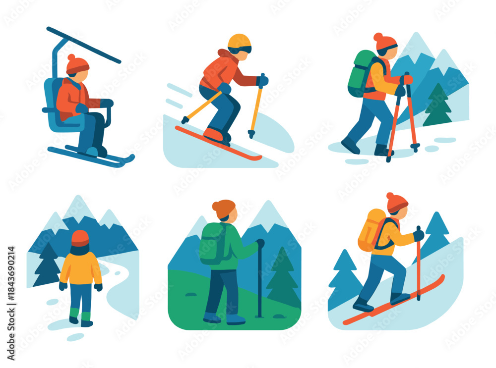 Obraz premium Cartoon hikers and skiers in mountain landscape