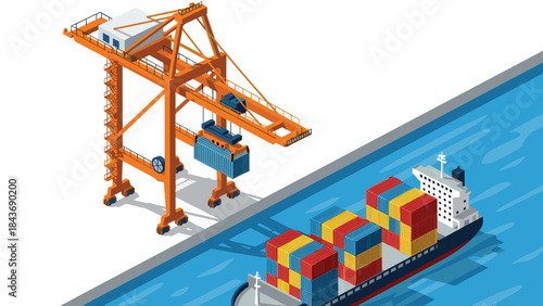 Isometric view of a port crane loading colorful shipping containers onto a large cargo ship docked in the water for global logistics.