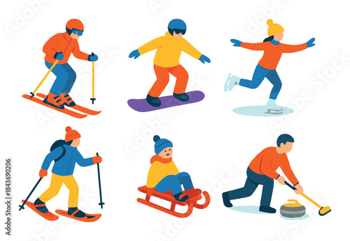 Diverse winter sports activities by caucasian individuals across various ages