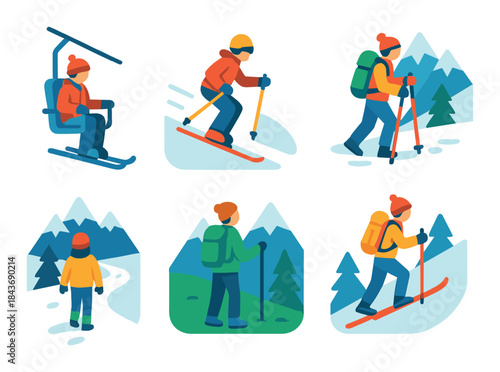Cartoon hikers and skiers in mountain landscape