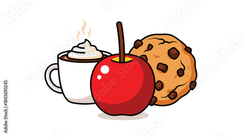Cozy and sweet autumn treats illustration, featuring a hot chocolate with whipped cream, a candy apple, and a chocolate chip cookie.