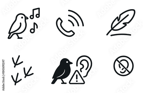 Vector icons: bird, music note, phone, feather, footprints, ear, caution, prohibition