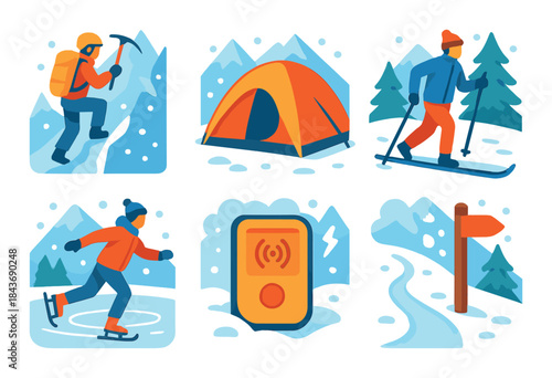 Outdoor winter activities and gear with skiing and camping graphics