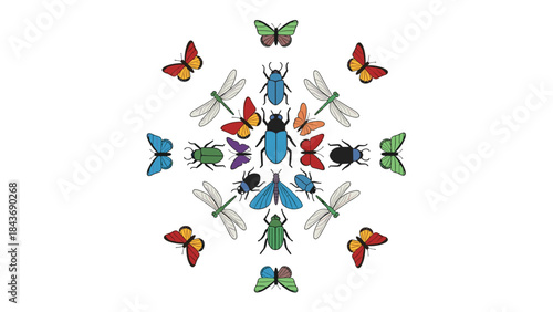 Symmetrical kaleidoscope pattern made of colorful insects, including butterflies, dragonflies, and beetles, creating a beautiful mandala.