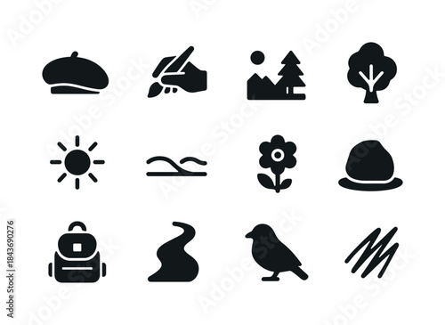 Nature Art Icons. Artists in nature. Solid icon set of artists i