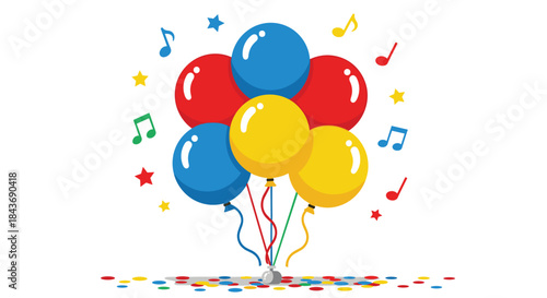 Festive bunch of colorful balloons in red, yellow, and blue, with confetti, stars, and musical notes celebrating a happy occasion.