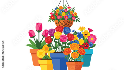 Joyful and vibrant collection of many different colorful flowers blooming in various pots and a hanging basket for garden decoration.