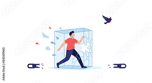 Determined man breaking out of a shattered glass box, with broken chains and a free bird symbolizing liberation and overcoming obstacles.