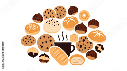 Cozy autumn assortment of baked goods and a hot drink, with chocolate chip cookies, breads, and chestnuts arranged in a circle.