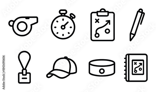 Sports coaching icons: whistle, stopwatch, strategy board, pen