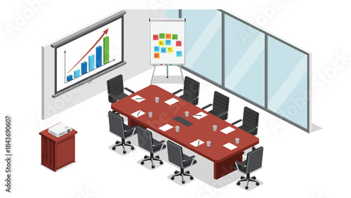 Isometric illustration of a modern office conference room with a large table, chairs, a projector screen showing a bar graph.