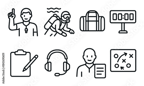 Icon set: male diver, clipboard, headset, strategy board, bag, id card