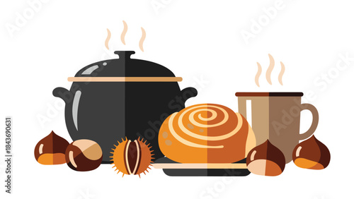 Flat design illustration of a cozy autumn meal, featuring a steaming pot, a hot drink, a cinnamon roll, and roasted chestnuts.