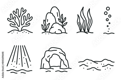 Stylized marine elements: coral, rocks, seaweed, bubbles, rays, arch, waves