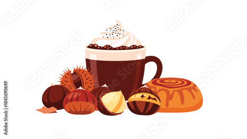Warm and inviting illustration of autumn treats, with a mug of hot chocolate topped with whipped cream, a cinnamon roll, and chestnuts.