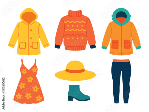 Colorful clothing illustration: jackets, sweater, dress, hat, boots