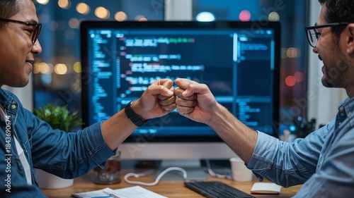 Two smiling programmers giving each other a fist bump while working on a computer with code on the screen.