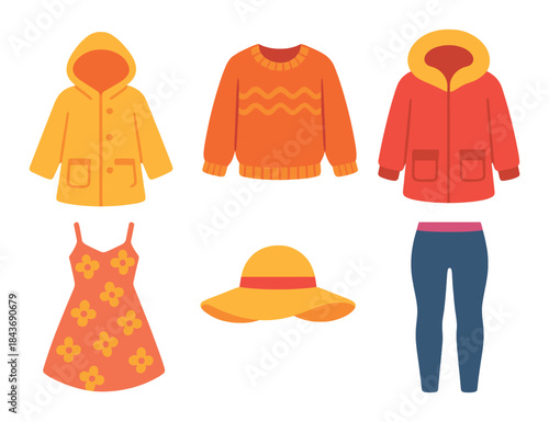 Colorful array of clothes featuring jackets, sweater, dress, hat, and pants