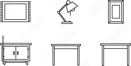 Set of six simple line icons representing home office and room furniture and decor elements rug, desk lamp, framed picture, cabinet, and two different desks