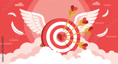 Romantic Valentine's Day concept with cupid's arrows hitting the center of a target with a heart, featuring wings and floating feathers.