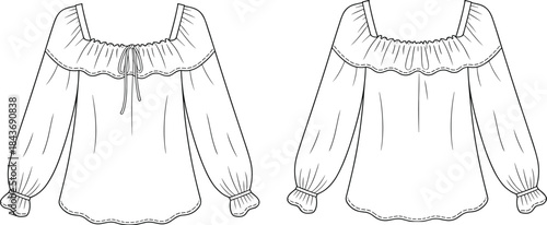 Women's off shoulder blouse technical fashion flat illustration showing front and back views with gathered neckline and long sleeves