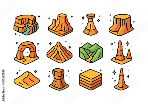 Erosion Icons Set. Erosion Landforms. Colorful isometric vector