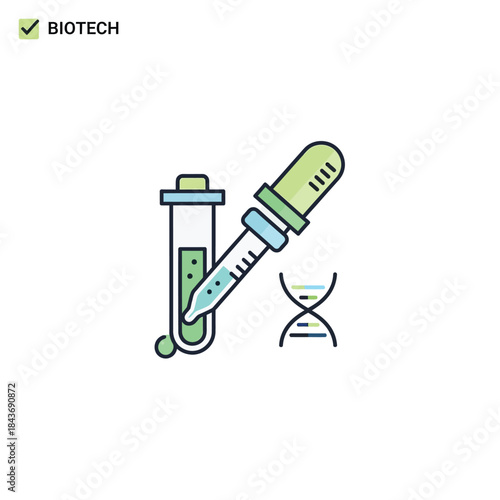Biotechnology research illustration featuring a test tube, dropper, and DNA helix, symbolizing scientific innovation, genetic studies, and molecular biology lab work