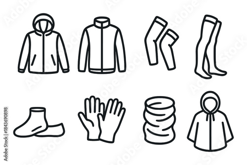 Outdoor clothing icons: jacket, socks, gloves, poncho, gaiters, arm warmers, neck gaiter