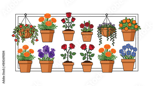 Collection of various potted plants and hanging baskets with colorful flowers neatly arranged in two rows inside a rectangular frame.