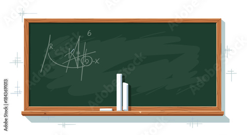 Empty green school chalkboard in a wooden frame with chalk scribbles and chalk sticks on the ledge, ready for a lesson or presentation.