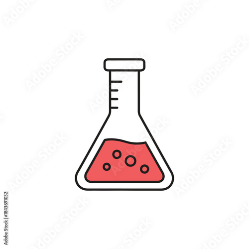 Colorful cartoon illustration of a conical laboratory flask containing vibrant red liquid with bubbles, symbolizing scientific research, chemical experiments, and educational exploration