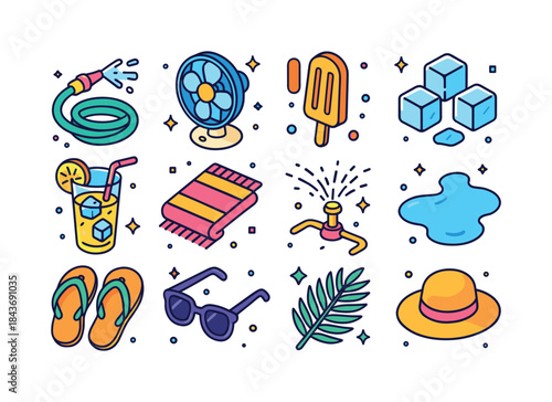 Summer Refreshment Icons. Cooling Off. Colorful isometric vector