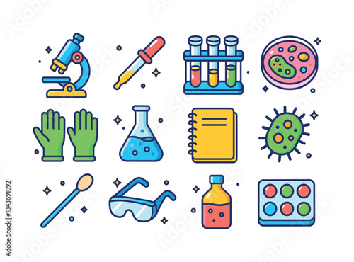 Microbiology Lab Icons. Microbiology Lab. Colorful isometric vec