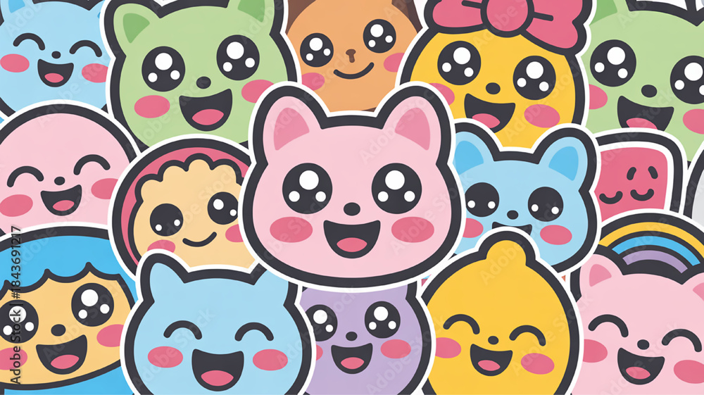 Obraz premium Kawaii cartoon characters collection cute animal faces and food icons perfect for stickers and childrens designs