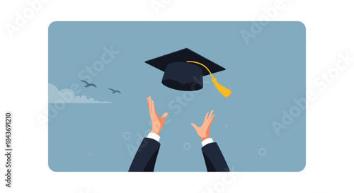 Jubilant hands of a graduate throwing a mortarboard cap into the air, symbolizing the successful completion of studies and commencement.
