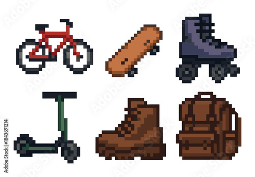 Pixel art transportation and accessories: bicycle, skateboard, roller skate, scooter, boot, backpack