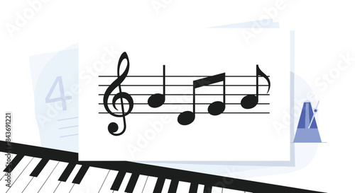 Close-up of a musical score with notes on a staff, shown with piano keys in the foreground and a metronome for keeping time.