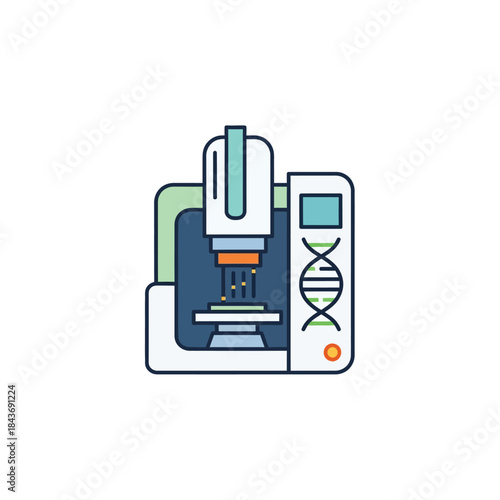 Scientific research equipment illustration depicting a DNA strand and advanced laboratory machinery for scientific discovery