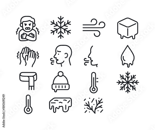 Winter Line Icons. Shiver. Line icon set of Shiver: cold person,