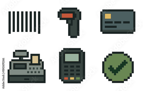 Pixel art depiction of retail icons: barcode, scanner, credit card, cash register, pos terminal