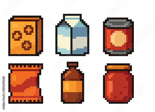 Pixel art grocery items with milk carton, canned food, jar, bottle, and packaging