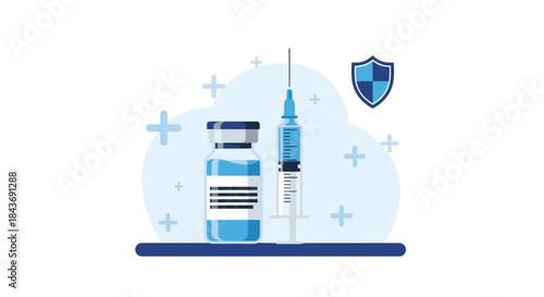 Medical concept of vaccination and immunization with a vaccine vial, a syringe, and a shield icon symbolizing protection against disease.