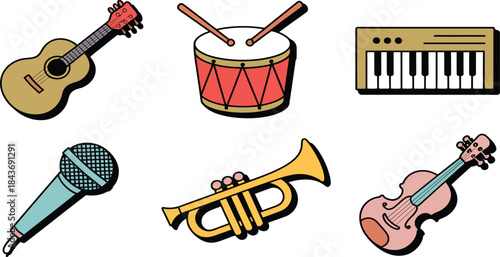 Cartoon Musical Instruments 2x3 Grid Vector Illustration