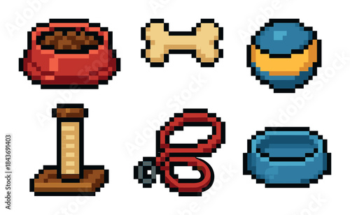 Pixel art pet supplies: food bowl, toy bone, ball, scratching post, leash
