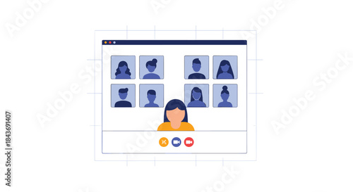 Interface of a video conference call on a computer screen, showing a presenter and multiple participants in a grid for remote work.