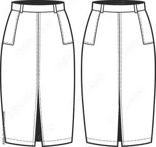 Women's pencil skirt technical fashion flat illustration showing front and back views with center slit pocket details and tailored waistband